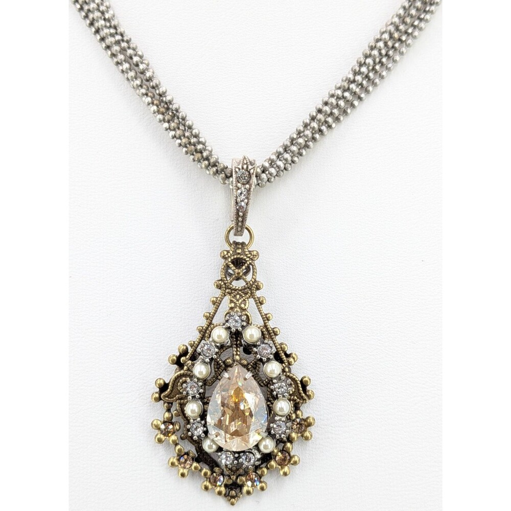 Victorian Revival Necklace Champagne Stone Faux Pearl Filigree Pendant 22 Inch